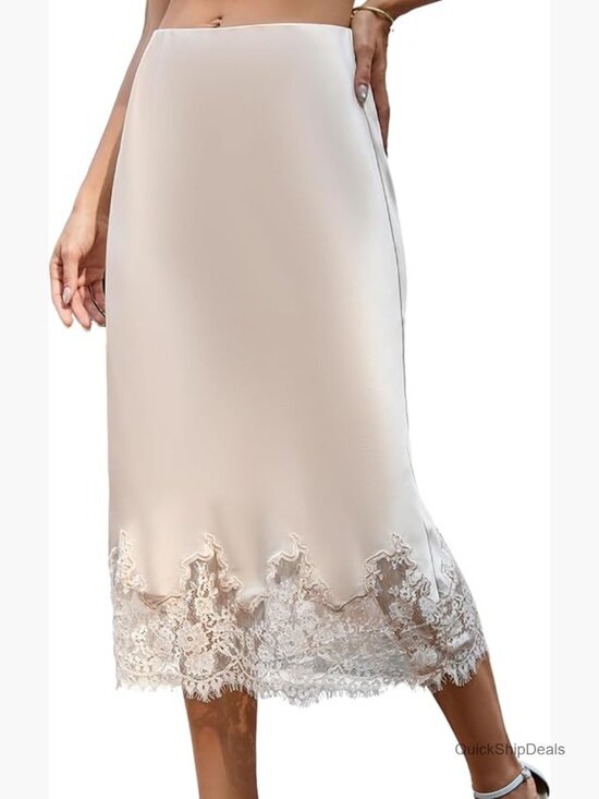 Dresses & Skirts - Satin Midi Skirt with Lace Trim, A-Line Elastic Waist for Work or Party